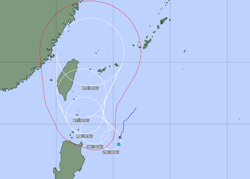 熱帶性低氣壓最快28日增強(qiáng)為臺(tái)風(fēng)，下周開(kāi)始北上朝臺(tái)灣接近。 （翻攝日本氣象廳）